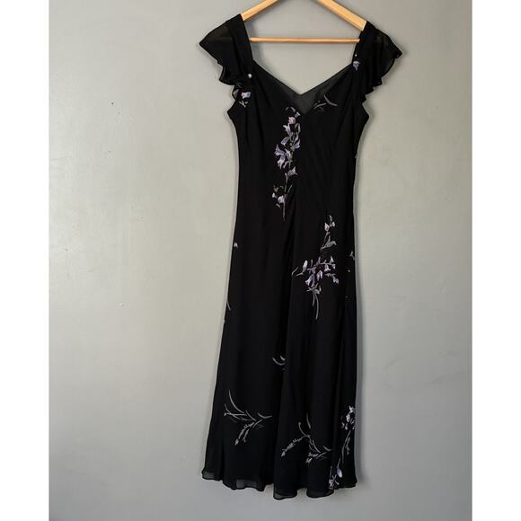 VINTAGE 90s Y2K Chiffon Black Floral Midi Dress Whimsigoth Fairycore 4/6 (VTG 8) - Picture 8 of 12